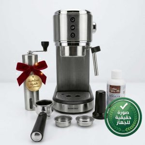 ماكينة صنع الإسبريسو النحيفة (Slim Espresso) من الإستانلس ستيل ماركة سيلفر كريست الألمانية- مضخة إيطالية بضغط 19 بار - 1350 واط، فضي
