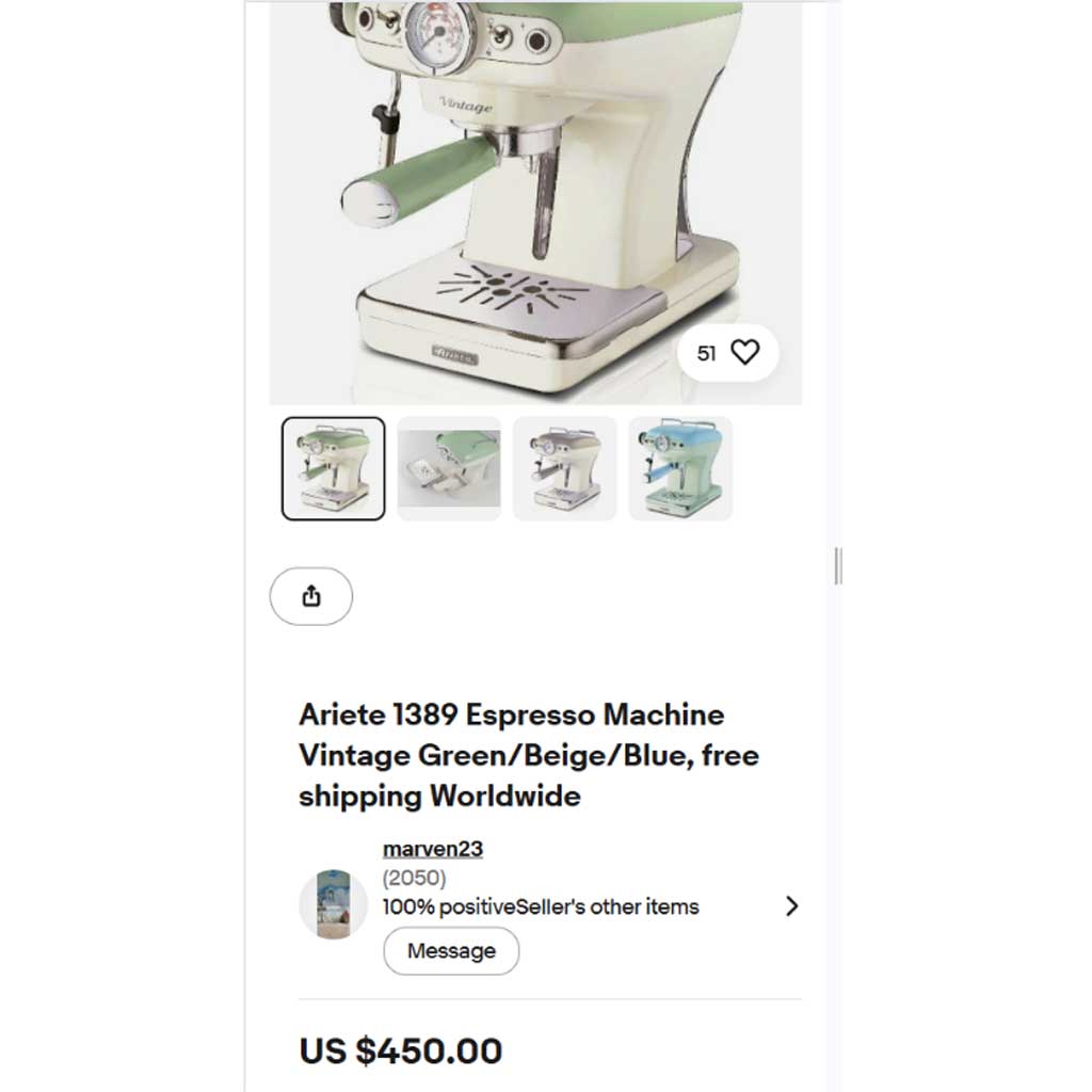 أريتي فينتاج طقم ماكينة إسبريسو وخفاقة حليب (Ariete Vintage) – قطعتين باللون الأخضر الباستيل. (Copy) - الصورة 5